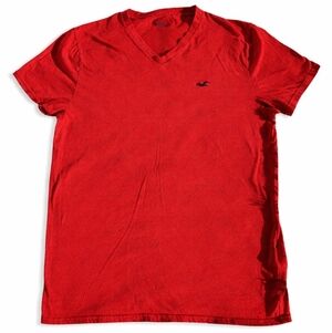 Hollister Red V-Neck Logo Tee Shirt Mens Large Cotton Blend Casual
